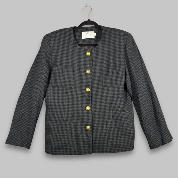 Vintage Devonshire Cream Gold Buttons Wool Houndstooth Boxy Blazer Size 14 - Picture 2 of 16